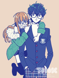  1boy 1girl amamiya_ren black_shorts brown_hair closed_mouth commentary_request glasses green_jacket grid_teeth hands_in_pockets headphones highres jacket kk724 long_sleeves pants persona persona_5 plaid_clothes plaid_pants sakura_futaba school_uniform short_hair shorts 