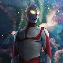 1boy absurdres alien arms_at_sides battywanderer collarbone colored_skin comet commentary compound_eyes dorsal_fin film_grain galaxy galaxy_background giant giant_male glowing glowing_eyes highres looking_to_the_side male_focus multicolored_skin no_pupils pectorals red_skin shin_ultraman signature silver_skin solo tokusatsu toned toned_male turning_head two-tone_skin ultra_series ultraman ultraman_(shin) upper_body yellow_eyes 