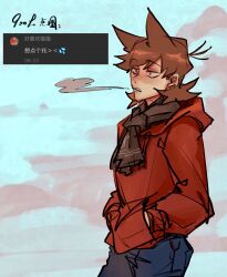  1boy animification antenna_hair black_pants brown_hair brown_scarf chinese_text clouds commentary cowboy_shot drawstring dud_cao eddsworld fan_request flipped_hair from_side hair_behind_ear hair_ears hands_in_pockets highres hood hood_down hoodie jitome long_sleeves male_focus outdoors pants red_eyes red_hoodie request_inset scarf short_hair sky solo standing tord_(eddsworld) translation_request 