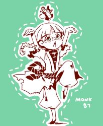  1boy aqua_background arms_up braid character_name chestnut_mouth commentary_request deformed glasses long_hair male_focus monk_(sekaiju) monk_1_(sekaiju) motimamire mouse_(animal) mouse_on_head open_mouth puffy_pants rope_belt sekaiju_no_meikyuu sekaiju_no_meikyuu_3 single_braid standing standing_on_one_leg teeth torn_clothes torn_sleeves tree_rat_(sekaiju) upper_teeth_only v-shaped_eyebrows 