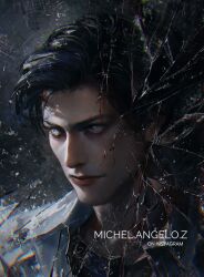  1boy absurdres bags_under_eyes black_hair blood blood_from_forehead blue_eyes broken_glass collared_shirt commentary english_commentary glass highres male_focus michel_angelo_z mordret_(shadow_slave) painterly realistic serious shadow_slave shirt short_hair sidelighting solo 