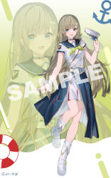  1girl blue_choker blue_eyes blue_sailor_collar boots choker commentary_request fold-over_boots green_neckerchief hanabusa_lisa hat highres holding holding_unworn_clothes holding_unworn_hat isaya_(pixiv4541633) long_hair looking_at_viewer neckerchief official_alternate_costume official_art open_mouth sailor_collar sample_watermark shirt short_sleeves skirt smile socks solo standing standing_on_one_leg unworn_hat unworn_headwear very_long_hair virtual_youtuber vspo! watermark white_boots white_hat white_skirt white_socks white_wrist_cuffs wrist_cuffs zoom_layer 