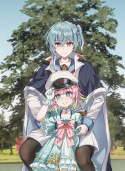  1boy 1girl absurdres blue_eyes blue_hair bow braid chinese_clothes choker commentary_request conscript96 dress gloves green_hair half_crown_braid half_up_braid hanfu hat highres jinan_(warship_girls_r) looking_at_viewer multicolored_hair outdoors pantyhose peaked_cap photo_background pink_hair qixiong_ruqun short_hair shorts smile violet_eyes warship_girls_r 