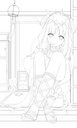  1girl :3 absurdres blunt_bangs blush cappu_chino1204 character_doll closed_mouth commentary_request crossed_ankles dated_commentary demon_horns doll fake_horns feet full_body gem genshin_impact gladiator_sandals hand_up harem_outfit highres horns indoors jewelry knees_up light_smile lineart long_hair looking_at_viewer lumine_(genshin_impact) monochrome nilou_(genshin_impact) round_window sandals sitting solo tareme thighlet toenails toes veil window 