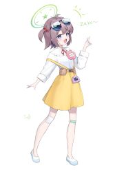  1girl :3 absurdres bandaid bandaid_on_leg blue_archive blue_eyes blush brown_hair eyewear_on_head fox_shadow_puppet green_halo hair_bobbles hair_ornament halo happy90572084 highres kindergarten_uniform looking_at_viewer name_tag open_mouth shirt short_hair simple_background skirt smile sunglasses suspender_skirt suspenders suspenders_slip white_background white_shirt yellow_skirt youko_(blue_archive) 