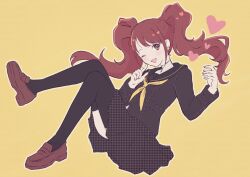  1girl :d ;d black_jacket black_sailor_collar black_thighhighs brown_eyes brown_hair brown_shoes commentary earrings full_body heart highres jacket jewelry konamonooishi kujikawa_rise long_hair long_sleeves looking_at_viewer one_eye_closed open_mouth outline persona persona_4 sailor_collar school_uniform serafuku shoes skirt smile solo stud_earrings thigh-highs white_outline yasogami_school_uniform yellow_background 
