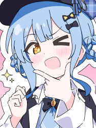 >_o 1girl :d ;d absurdres black_bow black_bowtie black_capelet black_hat blue_hair blue_necktie bow bowtie braid braided_hair_rings capelet collared_shirt commentary_request contrast_collar deerstalker hair_bow hair_rings hand_on_own_chin hat hat_bow highres l_hand lee0fld long_sleeves looking_at_viewer mahou_shoujo_no_majo_saiban necktie one_eye_closed open_mouth pink_background portrait shirt short_hair simple_background smile solo sparkle tachibana_sherry white_shirt yellow_eyes 