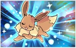  :d animal_focus atom_palace blue_background border brown_fur closed_eyes commentary eevee english_commentary fluffy full_body looking_at_viewer neck_fur no_humans open_mouth pokemon pokemon_(creature) pokemon_focus simple_background smile solo standing white_border yellow_fur 