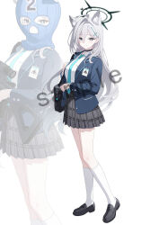 1girl absurdres ahoge animal_ear_fluff animal_ears assault_rifle bag balaclava black_choker black_halo black_shoes black_skirt blue_archive blue_eyes blue_jacket blue_necktie breasts bright_pupils chinese_commentary choker closed_mouth collared_shrit commentary cosplay cross cross_hair_ornament different_zoom_layer extra_ears full_body grey_hair gun hair_between_eyes hair_ornament halo highres holding holding_gun holding_weapon inverted_cross jacket kneehighs large_breasts loafers long_hair long_sleeves looking_at_viewer mismatched_pupils necktie open_clothes open_jacket plaid_clothes plaid_skirt pleated_skirt recri_(mihuashi) rifle sample_watermark self-cosplay shiroko_(blue_archive) shiroko_(blue_archive)_(cosplay) shiroko_terror_(blue_archive) shirt shoes shoulder_bag sig_556 skirt smile socks standing very_long_hair watermark weapon white_background white_pupils white_shirt white_socks wolf_ears wolf_girl zoom_layer 