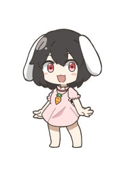  1girl :3 :d a-line_dress animal_ears arms_at_sides bang_dream! bare_legs barefoot black_hair bob_cut carrot_necklace chibi chibi_only chinese_commentary commentary_request dorsiflexion_(wrist) double-parted_bangs dress floppy_ears frilled_sleeves frills full_body ganso!_bang_dream_chan hair_between_eyes highres inaba_tewi jewelry li_yun_nuo_0199 looking_at_viewer lop_rabbit_ears necklace open_mouth pink_dress puffy_short_sleeves puffy_sleeves rabbit_ears red_eyes short_dress short_hair short_sleeves simple_background smile solo standing touhou white_background 