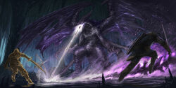  2others armor black_pants blue_tabard boots breastplate brown_boots brown_gloves cave_interior dark_souls_(series) dark_souls_iii darkeater_midir dragon dual_wielding gauntlets gloves greaves helmet highres holding holding_sword holding_weapon laser multiple_others pants pauldrons shield shield_on_back shoulder_armor sword tabard themefinland weapon 