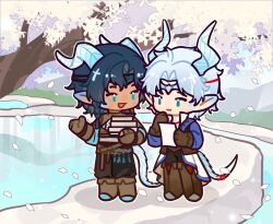  2boys angert_(infinity_nikki) aqua_eyes aqua_shirt baggy_pants belt black_hair black_headband black_pants blue_eyes blue_horns blue_scales blue_sky blue_tunic book book_stack boots braid brown_belt brown_boots brown_gloves brown_shrug chibi chinese_commentary circlet coat collared_shirt commentary_request cropped_shirt cross-laced_clothes cross-laced_top crossed_belts day dragon_boy dragon_horns dragon_tail falling_petals gloves hair_between_eyes hand_on_own_chin happy headband high_collar holding holding_book holding_paper horns implied_yaoi in-universe_location infinity_nikki long_sleeves looking_at_another male_focus medium_hair meghill_(infinity_nikki) midriff mimei882 mountainous_horizon multiple_boys nikki_(series) open_mouth outdoors outline outstretched_hand pants paper parksolian_(infinity_nikki) parted_bangs partially_fingerless_gloves petals pool red_ribbon ribbon rockpool shadow shirt short_hair shrug_(clothing) side_braid single_braid sky sleeveless sleeveless_coat slit_pupils smile solid_oval_eyes spring_(season) story_in_commentary tail tail_ornament tail_ribbon talking thigh_boots tree tunic white_coat white_hair white_outline white_shirt 