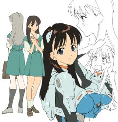  1girl blue_eyes brown_hair commentary_request genderswap genderswap_(mtf) highres ikari_shinji interface_headset_(evangelion) long_hair mecha_pilot_suit multiple_views neon_genesis_evangelion plugsuit_(evangelion) ribbon rnm3cv school_uniform tokyo-3_middle_school_uniform unfinished 