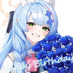  1girl absurdres bandaid bandaid_hair_ornament black_bow blue_archive blue_flower blue_hair blue_rose blush bouquet bow bowtie braid braided_sidelocks commentary_request flower green_eyes grin hair_bow hair_ornament halo hat highres holding holding_bouquet long_hair looking_at_viewer mine_(blue_archive) nurse_cap pink_bow pink_bowtie pointy_ears raised_eyebrows rose seele0907 sidelocks smile solo upper_body 