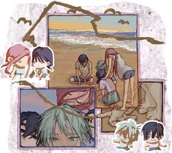  2boys 2girls alien_stage barefoot beach bird black_eyes black_hair commentary green_eyes grey_hair hands_on_another's_shoulders heiwanikouken ivan_(alien_stage) leaning mizi_(alien_stage) multiple_boys multiple_girls ocean pink_hair shirt short_hair shorts squatting sua_(alien_stage) till_(alien_stage) water 