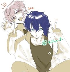  2boys 404n_f asymmetrical_hair blue_eyes blue_lock blush braid claw_pose commentary_request jacket jin_kiyora kurona_ranze looking_at_another male_focus multiple_boys sharp_teeth shirt short_hair side_braid simple_background single_braid single_sidelock t-shirt teeth track_jacket twitter_username v white_background 