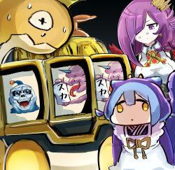  2girls apron blue_hair character_request closed_mouth collared_shirt dragon_girl dragon_horns dragon_tail dress duel_monster fake_trap_(yu-gi-oh!) hair_over_one_eye hatano_kiyoshi highres horns laundry_dragonmaid maid_apron medium_hair multiple_girls purple_dress purple_hair shirt short_hair tail violet_eyes white_apron white_shirt yellow_eyes yu-gi-oh! 