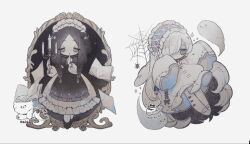  2girls absurdly_long_hair apron black_apron black_bow black_hair black_shoes book bow braid bug candelabra candlestand commentary_request cross cross-laced_clothes cross-laced_dress dog dress finger_to_mouth floating frilled_apron frilled_dress frills ghost grey_eyes hair_over_one_eye hairband highres holding holding_candlestand lace lace-trimmed_dress lace-trimmed_sleeves lace_trim lolita_hairband long_hair long_sleeves lowered_eyelids maid maid_apron maid_headdress mary_janes mirror multiple_girls naiguozi no_pupils open_book original pages paper puffy_long_sleeves puffy_sleeves rabbit sample_watermark shoes shushing silk sleeves_past_fingers sleeves_past_wrists sparkle spider spider_web stitches twin_braids very_long_hair watermark white_bow white_dress white_hair white_shoes 