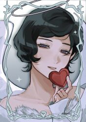  1girl alien_stage angel angel_wings aosenai black_hair commentary english_commentary halo heart highres holding holding_heart official_alternate_costume parted_lips short_hair solo sua_(alien_stage) white_wings wings 