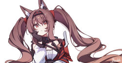  1girl angelina_(arknights) angelina_the_mellow_wish_(arknights) animal_ear_fluff animal_ears arknights backk-v black_collar black_gloves black_hairband brown_hair chinese_commentary collar commentary_request detached_sleeves earpiece fox_ears fox_girl gloves hair_between_eyes hairband hand_on_own_cheek hand_on_own_face highres infection_monitor_(arknights) long_hair long_sleeves looking_at_viewer multicolored_hairband red_eyes signature simple_background solo twintails two-tone_hairband upper_body very_long_hair white_background 