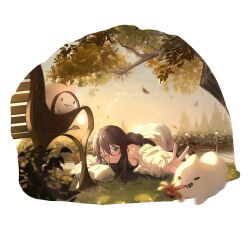  1girl alternate_costume baseness bench black_eyes blurry blurry_foreground braid branch brown_eyes brown_hair chinese_commentary commentary_request dusk galo_(warship_girls_r) glasses grass highres jacket leaf long_hair looking_at_viewer meadow off_shoulder one_eye_closed outdoors park park_bench plant round_eyewear shuttlecock smile solo sweater t955_(warship_girls_r) tree warship_girls_r 