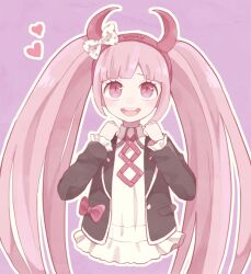  blush bow child clenched_hands commentary_request danganronpa_(series) danganronpa_another_episode:_ultra_despair_girls fake_horns hair_horns hairband heart horn_bow horn_hairband horn_ornament horns long_hair looking_up mikuni_(open-ranka) pink_eyes pink_hair pink_hairband pink_horns polka_dot polka_dot_bow purple_background simple_background twintails utsugi_kotoko 