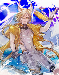  1boy 1girl animal_ears backless_bodysuit backless_outfit belt belt_pouch black_gloves blonde_hair blunt_ends bodysuit braid brown_hair commentary_request day diving_suit erune feet_out_of_frame glasses gloves granblue_fantasy hand_up jacket long_hair looking_at_viewer lu_woh_(granblue_fantasy) male_focus male_swimwear multicolored_gloves official_alternate_costume open_clothes open_jacket parted_lips pouch qgame short-sleeved_jacket short_sleeves shorts single_braid solo_focus standing sunglasses surfboard surfing swept_bangs thigh_strap tinted_eyewear twintails two-tone_gloves v-shaped_eyebrows very_long_hair waves wetsuit whistle whistle_around_neck white_belt white_gloves white_shorts yellow-tinted_eyewear yellow_eyes yellow_jacket 