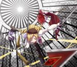  akemi_homura beret black_hair blonde_hair blurry depth_of_field drill_hair dual_wielding foreshortening gun hairband hat long_hair magical_girl magical_musket mahou_shoujo_madoka_magica mouth_hold multiple_girls oosugi_michiko oosugimichiko pocky polearm ponytail puffy_sleeves red_hair redhead rifle sakura_kyouko shield spear tomoe_mami twin_drills weapon witch&#039;s_labyrinth witch's_labyrinth yellow_eyes 