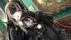  1girl :d artist_request black_bow black_bowtie black_gloves black_hair black_hat black_kimono blue_eyes blunt_bangs bow bowtie frilled_shirt_collar frills game_asset gloves grey_hair hand_on_own_hip hand_up hat highres hime_cut hololive hololive_dev_is hololive_dreams indoors japanese_clothes juufuutei_raden juufuutei_raden_(luminary_of_arts) kimono lace-trimmed_sleeves lace_trim long_hair looking_at_viewer multicolored_hair museum non-web_source official_alternate_costume official_art open_mouth painting_(object) pom_pom_(clothes) ribbed_shirt self-datamine shirt smile solo straight_hair tilted_headwear two-tone_hair virtual_youtuber white_shirt wide_sleeves 