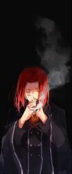  1boy barcode barcode_tattoo black_background black_robe closed_eyes commentary_request facial_tattoo hands_up jewelry long_sleeves male_focus medium_hair multiple_rings priest qniokun red_hair ring robe smoke smoking solo stiyl_magnus tattoo toaru_majutsu_no_index upper_body 
