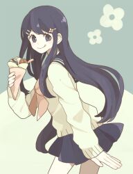  1girl blue_hair blue_sailor_collar bow bowtie commentary_request danganronpa:_trigger_happy_havoc danganronpa_(series) flower_hairpin food hair_ornament hairclip holding holding_food holding_ice_cream ice_cream licking_lips looking_at_viewer maizono_sayaka mikuni_(open-ranka) parallel_hairclips pink_bow pink_bowtie sailor_collar school_uniform serafuku shirt solo tongue tongue_out white_shirt 