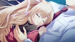  1boy 1girl akashi_kokoro black_sailor_collar blonde_hair closed_eyes closed_mouth dress_shirt dutch_angle faceless faceless_male from_behind game_asset hair_ribbon hand_on_another's_stomach hands_on_another's_back head_on_chest head_out_of_frame hug juliet_sleeves long_hair long_sleeves minase_lin necktie night non-web_source orange_memories outdoors pink_ribbon puffy_sleeves red_necktie red_shirt ribbon rooftop sailor_collar school_uniform self-datamine shirt side_ponytail sky sleeve_cuffs star_(sky) tress_ribbon turning_head wavy_hair white_shirt wire_fence 