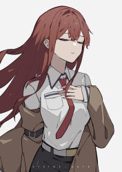  1girl absurdres arm_belt belt black_pants brown_jacket closed_eyes collared_shirt commentary_request copyright_name hair_between_eyes hand_on_own_chest hand_up highres jacket jacket_partially_removed jfzy020416 long_hair long_sleeves makise_kurisu necktie open_clothes open_jacket pants purple_trim red_necktie science_adventure shirt shirt_tucked_in simple_background solo steins;gate white_background white_belt white_shirt 