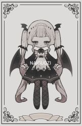  1girl apron artist_name banner bat_(animal) bat_hair_ornament bat_wings black_bow black_bowtie black_shoes border bow bowtie closed_mouth commentary cross cross_hair_ornament expressionless fishnet_pantyhose fishnets frilled_apron frilled_sleeves frills hair_ornament head_wings long_sleeves maid maid_apron maid_headdress naiguozi original ornate_border pantyhose puffy_long_sleeves puffy_sleeves shoes straight-on symbol-shaped_pupils torn_apron torn_clothes twintails untranslatable_commentary waist_bow white_hair white_trim wings 