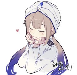  1boy androgynous blue_hair blush brown_hair captain_nemo_(fate) closed_eyes closed_mouth commentary cropped_torso epaulettes fate/grand_order fate_(series) gradient_hair hands_on_own_cheeks hands_on_own_face hat_feather heart highres himitsu_onigiri jacket long_hair long_sleeves low_twintails male_focus military military_uniform multicolored_hair naval_uniform nemo_(fate) shirt simple_background smile solo turban twintails two-tone_hair upper_body white_background white_jacket white_turban 