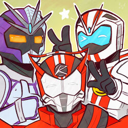  3boys animification antennae commentary english_commentary hand_up hands_up helmet highres holly-blaze kamen_rider kamen_rider_chaser kamen_rider_drive kamen_rider_drive_(series) kamen_rider_drive_(type_speed) kamen_rider_mach male_focus multiple_boys nervous_sweating outline star_(symbol) sweat thumbs_up tokusatsu v white_outline 