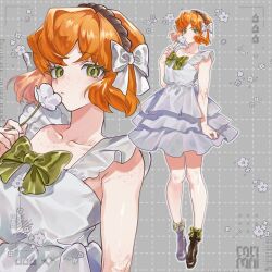  1girl alternate_hair_length_(shorter) arm_at_side arm_freckles body_freckles bow bowtie brown_hairband brown_shoes chest_freckles commentary_request dotted_line dress flower freckles green_bow green_bowtie green_dress green_eyes grey_background grid_background hair_bow hairband highres holding holding_flower ishmael_(project_moon) light_frown limbus_company looking_at_viewer orange_hair project_moon shoes short_hair sidelocks solo tatsunami water white_bow white_dress white_flower zoom_layer 