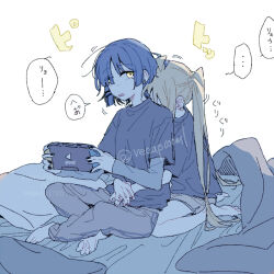  2girls ahoge barefoot black_nails black_shirt blonde_hair blue_hair blush bocchi_the_rock! commentary_request controller ear_blush earrings game_controller grey_pants grey_shorts holding holding_controller holding_game_controller hug hug_from_behind ijichi_nijika jewelry layered_sleeves long_sleeves mole mole_under_eye multiple_girls nintendo_switch on_bed pants pillow ree_(re-19) shirt short_hair short_over_long_sleeves short_sleeves shorts side_ponytail speech_bubble stud_earrings translation_request yamada_ryo yellow_eyes yuri 