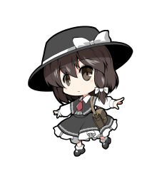  1girl asymmetrical_sidelocks black_capelet black_hat black_outline black_shoes black_skirt blush bow brown_eyes brown_hair capelet collared_shirt commentary_request full_body hair_bow hat hat_bow highres long_sleeves looking_at_viewer mary_janes necktie outline red_necktie shirt shirt_tucked_in shoes sidelocks simple_background skirt socks solo standing standing_on_one_leg touhou usami_renko usuusu white_background white_bow white_shirt white_socks 