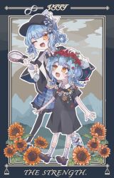  2girls :d ;d aged_down asymmetrical_legwear bird_hat_ornament black_bow black_bowtie black_capelet black_dress black_hat black_pantyhose black_shoes blue_hair blue_necktie blue_skirt bow bowtie braid braided_hair_rings capelet collared_dress collared_shirt commentary_request deerstalker dress flower flower_wreath footwear_bow frilled_skirt frilled_socks frills full_body grey_vest hair_bow hair_rings hat hat_bow headpat holding holding_magnifying_glass layered_skirt long_sleeves magnifying_glass mahou_shoujo_no_majo_saiban multiple_girls necktie one_eye_closed open_mouth pantyhose plaid_clothes plaid_skirt red_flower red_rose rose shirt shoes short_hair single_leg_pantyhose skirt smile socks sunflower tachibana_sherry tarot thumpthum vest white_bow white_shirt white_socks yellow_eyes 