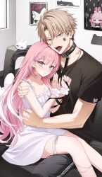  1boy 1girl absurdres bare_arms black_collar black_pants black_shirt blonde_hair breasts collar commentary dress hair_ornament hairclip hetero highres holding holding_leash hug hug_from_side indoors leash long_hair noraneco117 open_mouth original pants pink_hair rabbit_hair_ornament shirt short_dress sitting sitting_on_person sleeveless sleeveless_dress small_breasts spaghetti_strap sundress tongue tongue_out white_dress 
