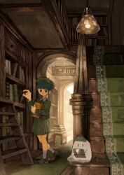  1girl ahoge ahoge_girl_(jimini_shijimi) beret blunt_bangs book book_stack bookshelf brown_shoes carpet commentary dot_nose expression_request fantasy ghost green_hat green_jacket green_skirt grey_socks hat highres holding holding_book indoors jacket jimini_shijimi library looking_at_another no_pupils original pleated_skirt ribbed_socks shoes short_eyebrows short_hair sidelocks sitting skirt socks solo stairs standing 