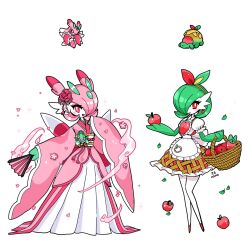  2girls apple appletun apron artist_name basket colored_skin dress earrings flower food fruit fusion gardevoir green_hair green_skin hair_flower hair_ornament hair_over_one_eye hand_fan highres holding holding_basket holding_food holding_fruit jewelry lurantis mamobot multicolored_skin multiple_girls pink_hair pokemon pokemon_(creature) red_eyes signature simple_background smile two-tone_skin white_apron white_background white_skin wide_sleeves 