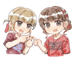  2girls artist_request blush brown_hair commentary_request commission hair_ornament hair_ribbon highres jewelry looking_at_viewer multiple_girls necklace open_mouth photo-referenced pointing real_life red_ribbon red_shirt ribbon sasaki_rico second-party_source shirt short_hair short_sleeves simple_background takao_kanon upper_body voice_actor white_background x_hair_ornament 