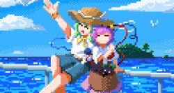  2girls against_railing alternate_costume arm_up blue_shorts blue_sky brown_hat brown_skirt closed_mouth clouds cowboy_shot day disembodied_linked_eye feet_out_of_frame green_hair hat island komeiji_koishi komeiji_satori multiple_girls ocean outdoors pixel_art purple_hair railing scenery shirt short_sleeves shorts siblings sisters sitting skirt sky smile starjinxin touhou white_shirt 