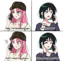  !? 2girls alien_stage baseball_cap black_hair black_hat black_shirt brooklyn_nine-nine cellphone commentary english_commentary english_text hat highres holding holding_phone long_hair mizi_(alien_stage) mizi_(zombie_stage) multiple_girls open_mouth phone pink_hair shia_(suasmiz1) shirt smartphone sua_(alien_stage) sua_(zombie_stage) violet_eyes white_shirt yellow_eyes yuri zombie_stage 