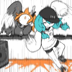  2girls adachi_rei aqua_hair baseball_cap black_hat black_hoodie black_shirt black_shoes black_shorts closed_eyes dancing hat hatsune_miku headlamp headphones highres hood hood_down hoodie motion_blur motion_lines multiple_girls open_mouth orange_hair paint_splatter radio_antenna shirt shoes short_twintails shorts sleeves_past_fingers sleeves_past_wrists speaker sweat t_masoppu the_hole_(utau) turntable twintails utau vocaloid white_hoodie 