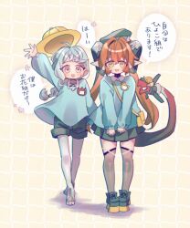 1other 2girls aged_down alternate_costume arm_up black_hat black_horns blue_eyes blue_hair blue_shirt commentary_request curled_horns dragon_girl dragon_horns flower_hairpin full_body green_eyes green_shorts green_skirt hair_between_eyes hair_ornament hairclip hat horns kindergarten_uniform long_hair long_sleeves looking_at_viewer magus_(zenless_zone_zero) mechanical_horns mechanical_tail multiple_girls open_mouth orange_hair orphie_magnusson pointy_ears school_hat school_uniform seed_(zenless_zone_zero) shirt shorts skirt smile speech_bubble tail thigh-highs tmskdot translation_request twintails waving yellow_hat zenless_zone_zero 