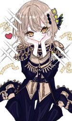  1girl belt black_coat black_gloves black_pants black_shoes blonde_hair bululet_okuda coat commentary_request curtained_hair diamond_hair_ornament epaulettes gloves hair_ornament hands_on_own_face hasumi_leia high_collar highres long_sleeves looking_at_viewer mahou_shoujo_no_majo_saiban musical_note pants shoes short_hair sitting solo wariza white_background yellow_eyes 