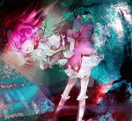 abstract abstract_background bent_over choker clenched_hands dress flat_chest frills gloves hair_bow kaname_madoka magical_girl mahou_shoujo_madoka_magica muted_color nekoif open_mouth pink_eyes pink_hair ribbon_choker short_hair solo soul_gem standing tears twintails white_legwear 